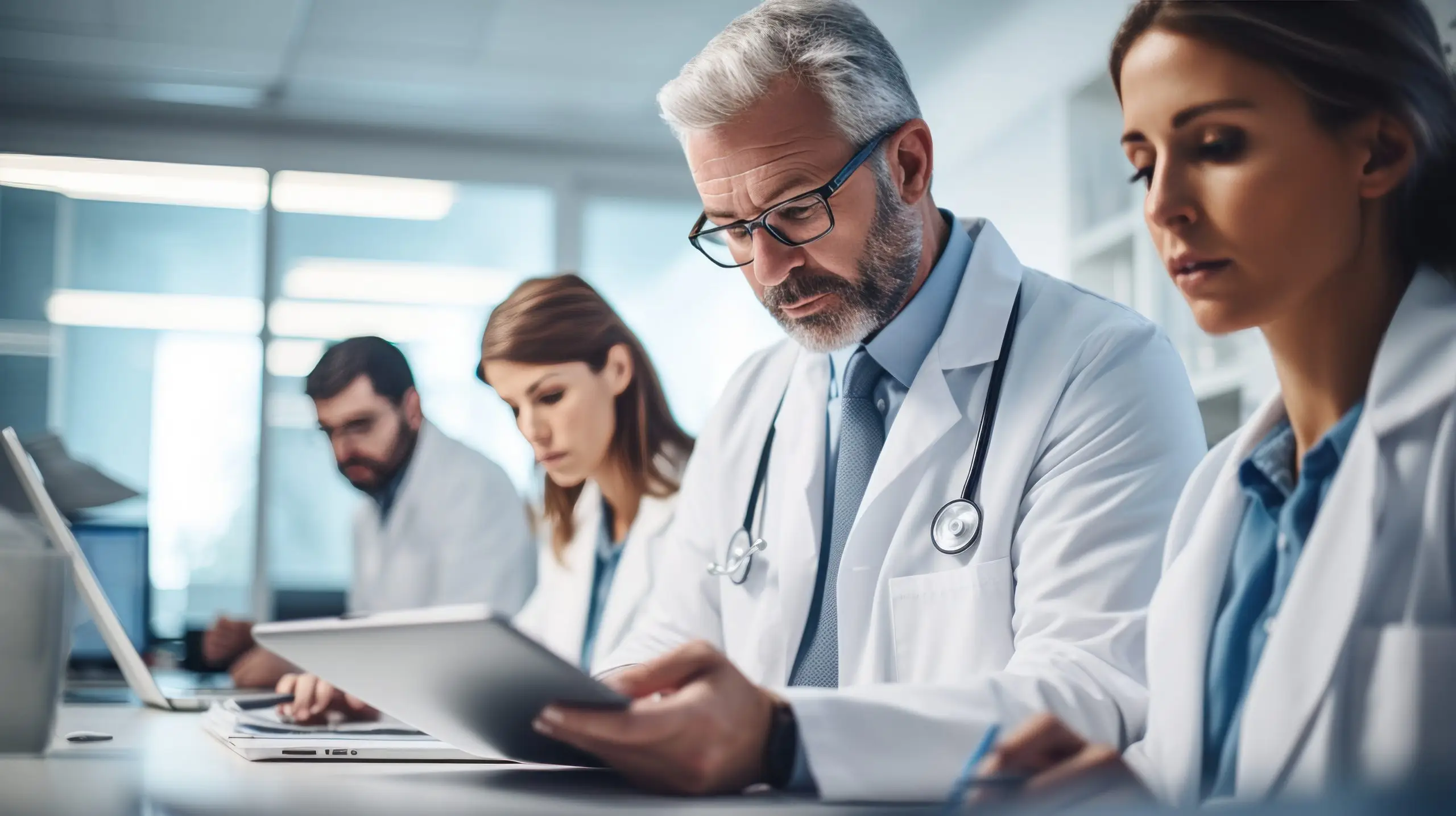 Medical team reviewing patient's chart on computer.